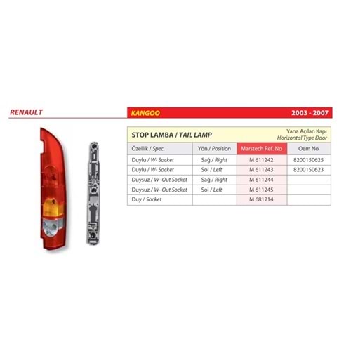 STOP LAMBA DUYSUZ RENAULT KANGOO 03-07 CIFT KAPI SOL