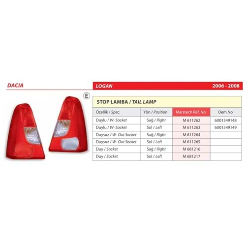 STOP LAMBA DUYSUZ DACIA LOGAN 07-08 SAG