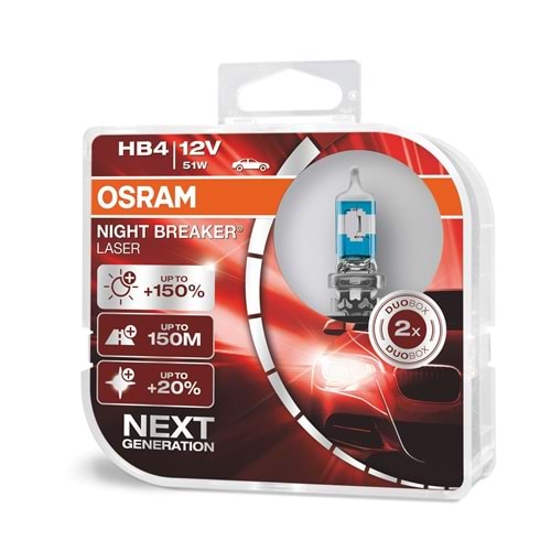 HB4 NL 51W 12V P22D HCB2BOX OSRAM P22d NIGHT BREAKER LASER-%150 PARLAKLIK-%20 BEYAZ-150 mt.