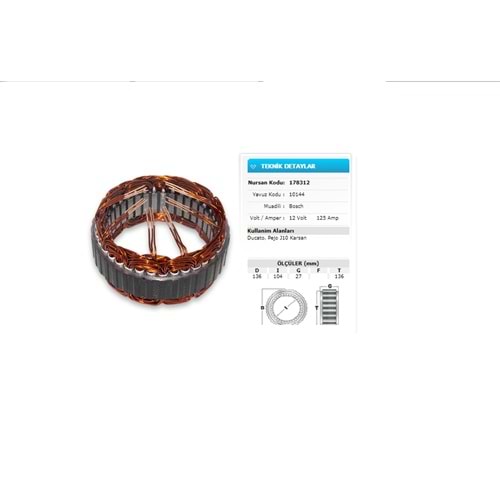 ALT STATOR 12V 125A J10 KARSAN DUCATO PEUGEOT 178312