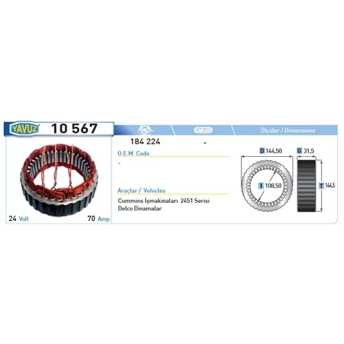 ALT STATOR CU MMINS IS MAKINASI 70AMP 24V