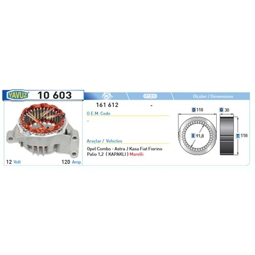 ALT STATOR 12V 120A NIPPO DENSO TIP 161612