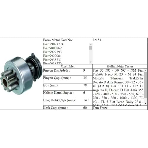 M.DİŞLİ 9 DİŞ 50 NC FIAT TRAKTÖR 6 KAN.DIŞTAN FRZ