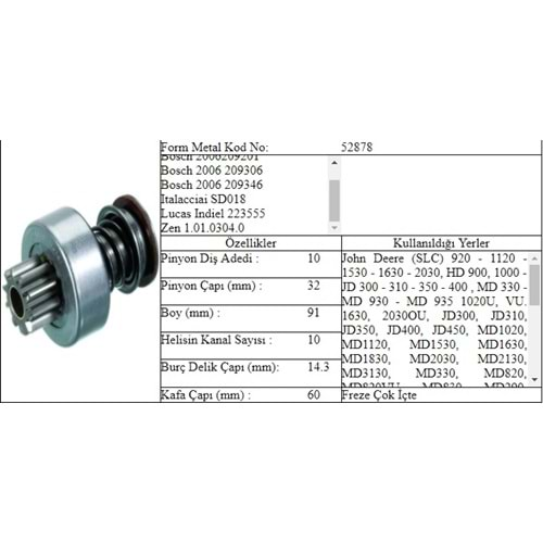 M.DİŞLİ 10 DİŞ JOHN DEERE İÇTEN FREZE