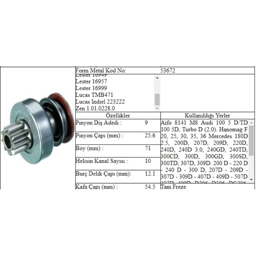 M.DİŞLİ 9 DİŞ MERCEDES 200 240 300D DIŞTAN FREZE