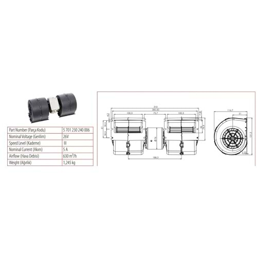 24V KÜÇ ÇİFT.BLW DİRENÇL 3DEVİR 630 M3/H 71230008