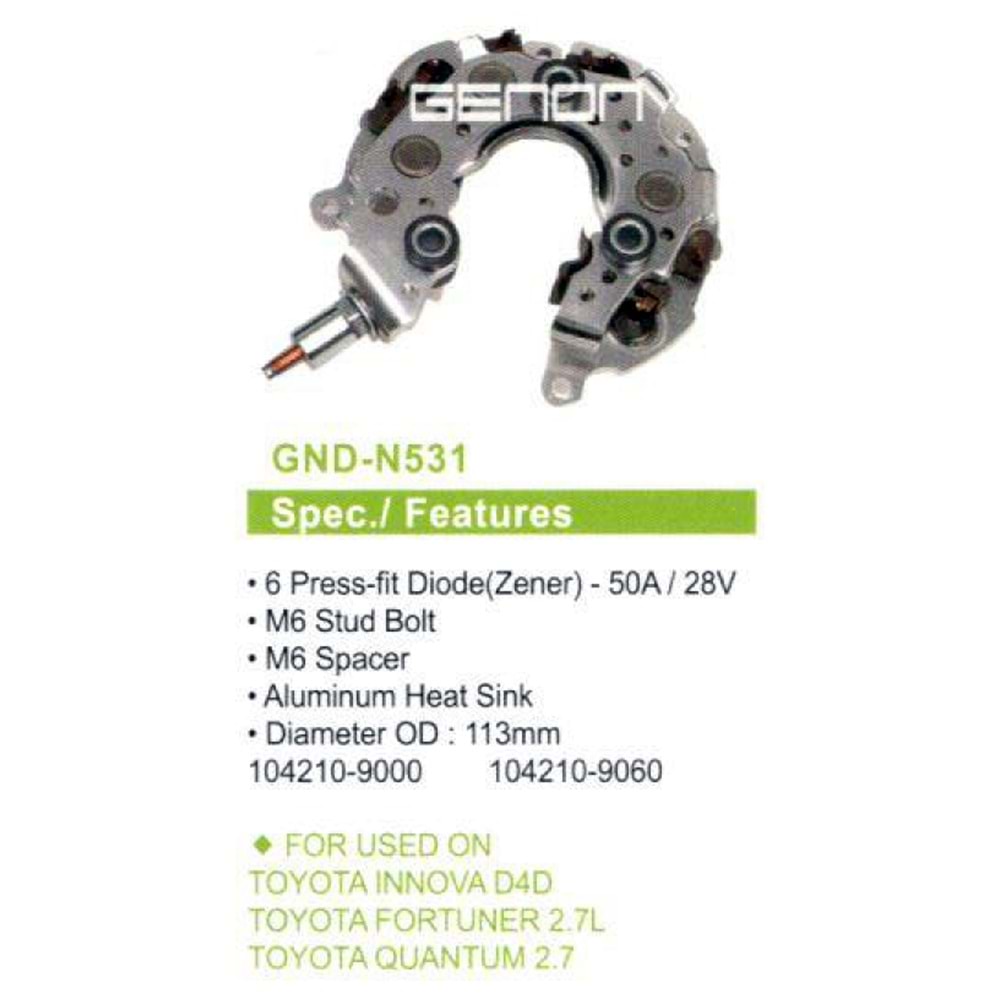 ALTERNATOR DIOT TABLASI TOYOTA INNOVA D4D - FORTUNER 2.7L - QUANTUM 2.7 113mm (6 DIOT) M6