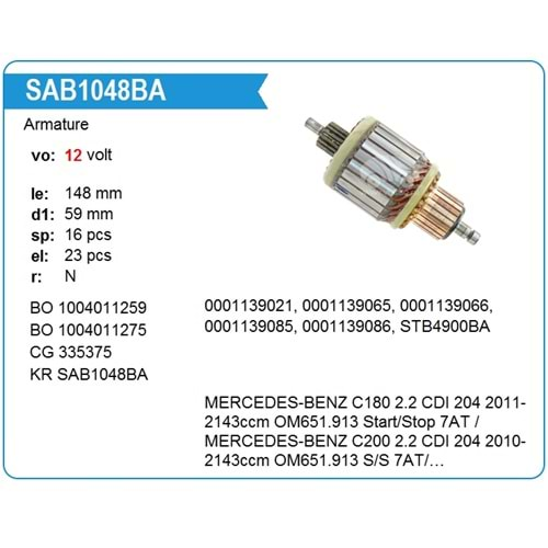 MARS KOLLEKTORU 12V 16 DIS MERCEDES C180 - C200 - E200 - E220 - SPRINTER 2.2 CDI (START-STOP)