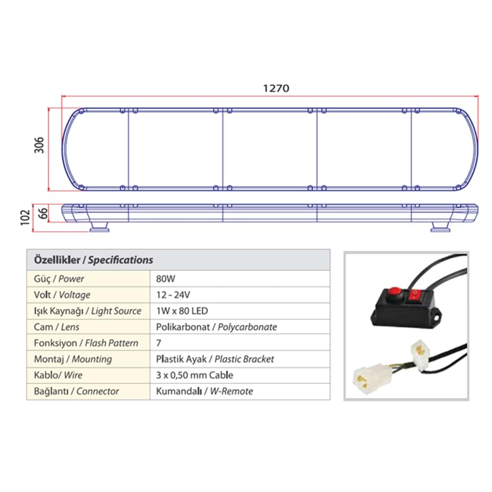 TRAFIK IKAZ LAMBASI LED MAVI 127 CM