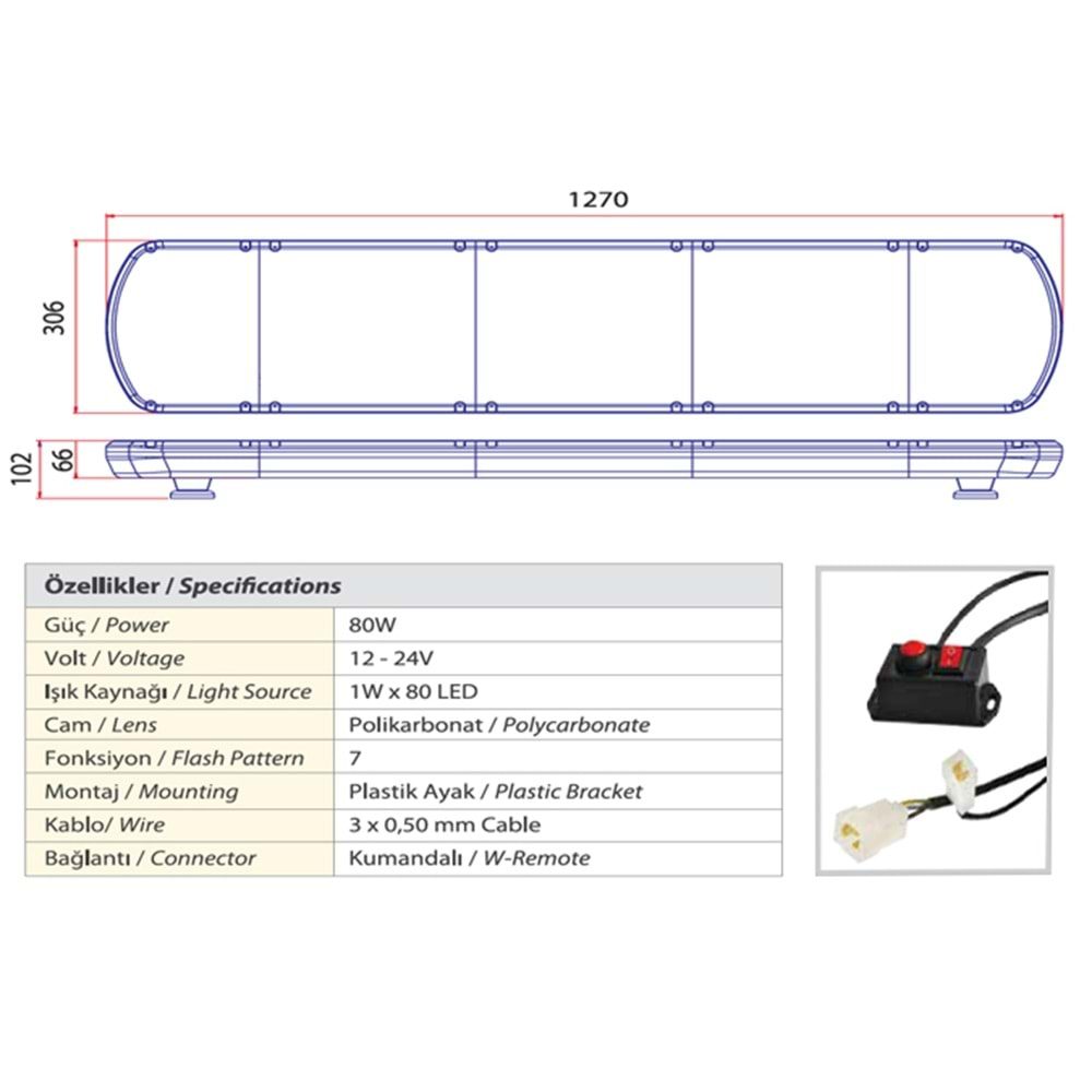 TRAFIK IKAZ LAMBASI LED SARI-MAVI 127 CM