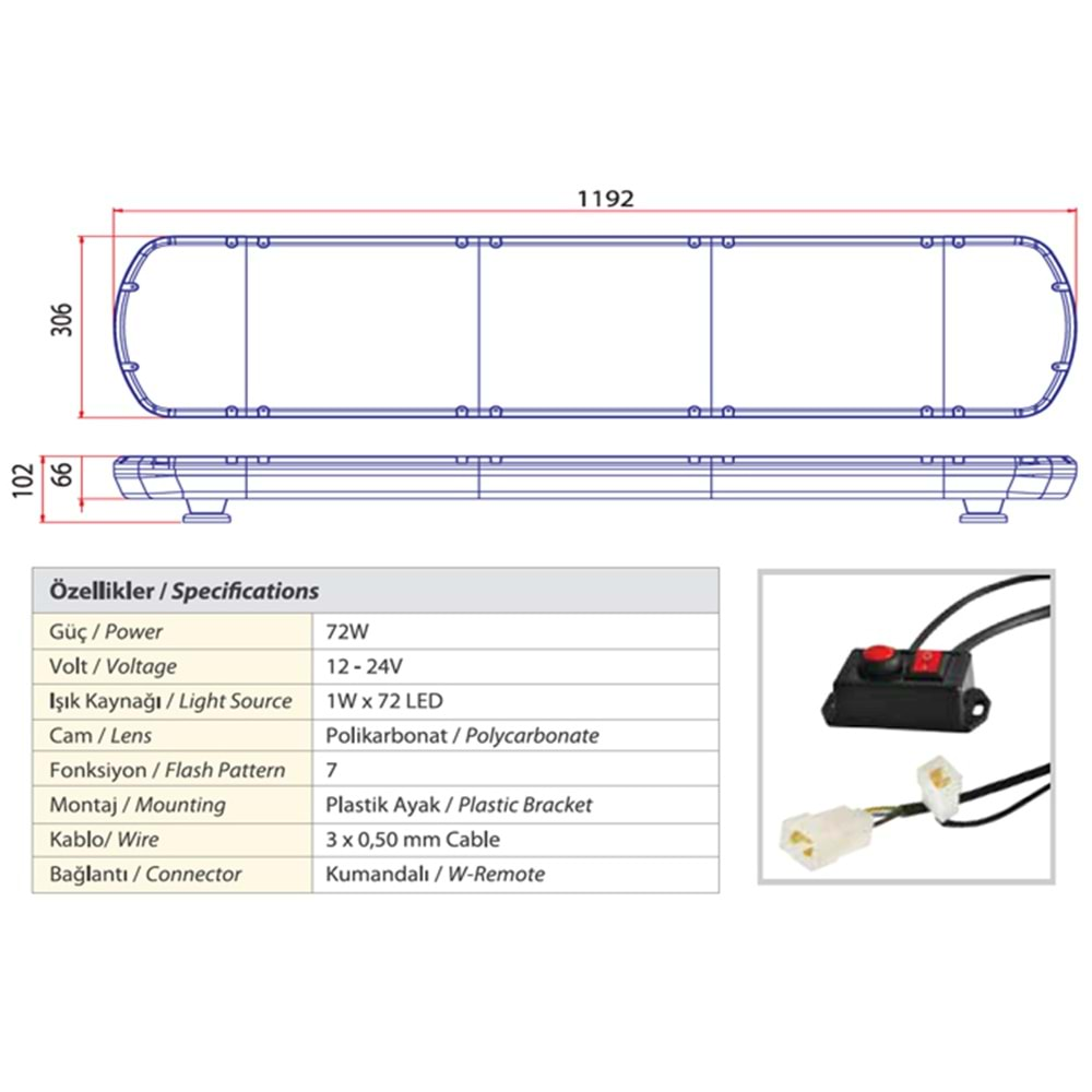 TRAFIK IKAZ LAMBASI LED MAVI KOMPLE RENKLI 119 CM