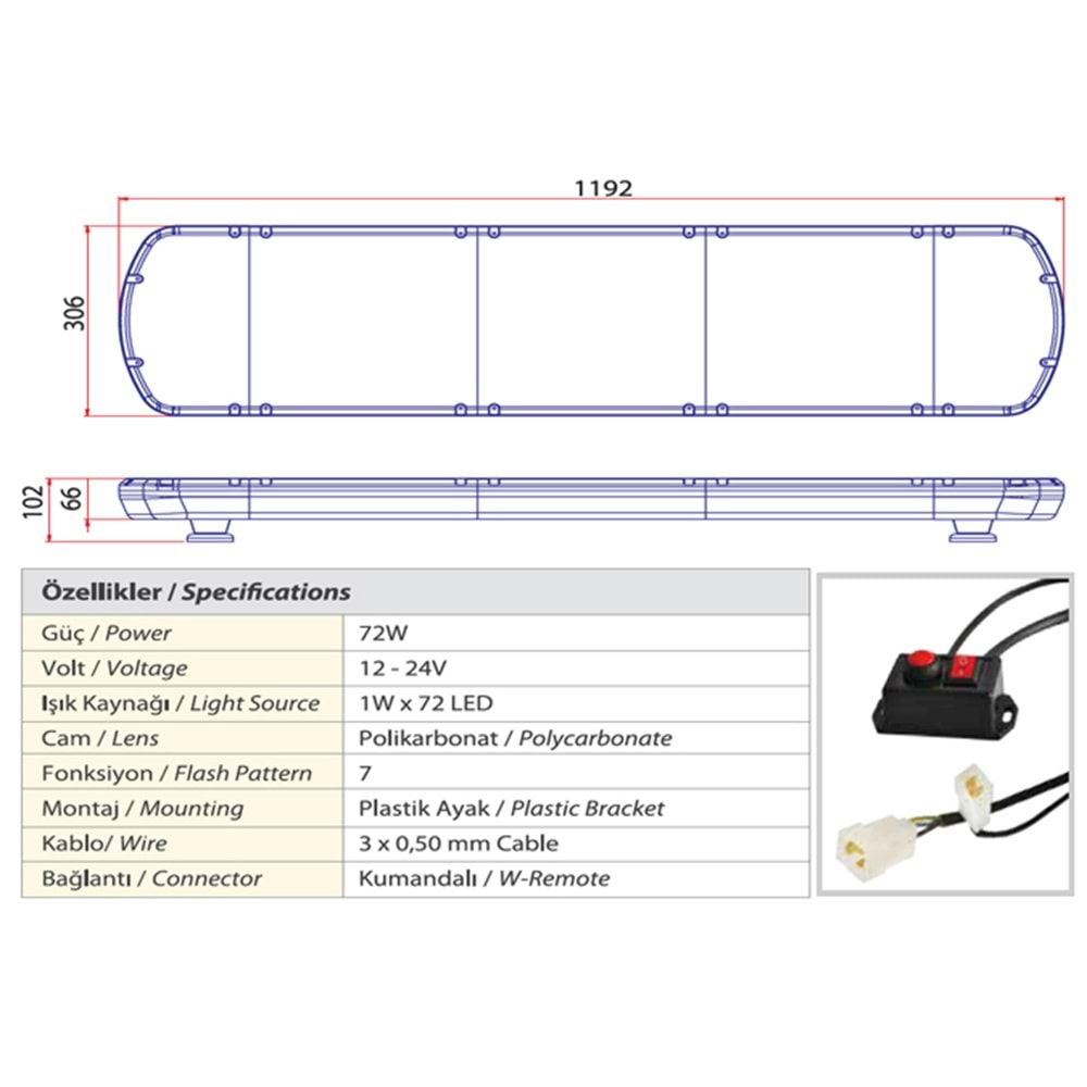 TRAFIK IKAZ LAMBASI LED SARI KOMPLE SEFFAF 119 CM