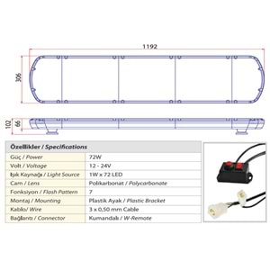 TRAFIK IKAZ LAMBASI LED SARI KOMPLE SEFFAF 119 CM