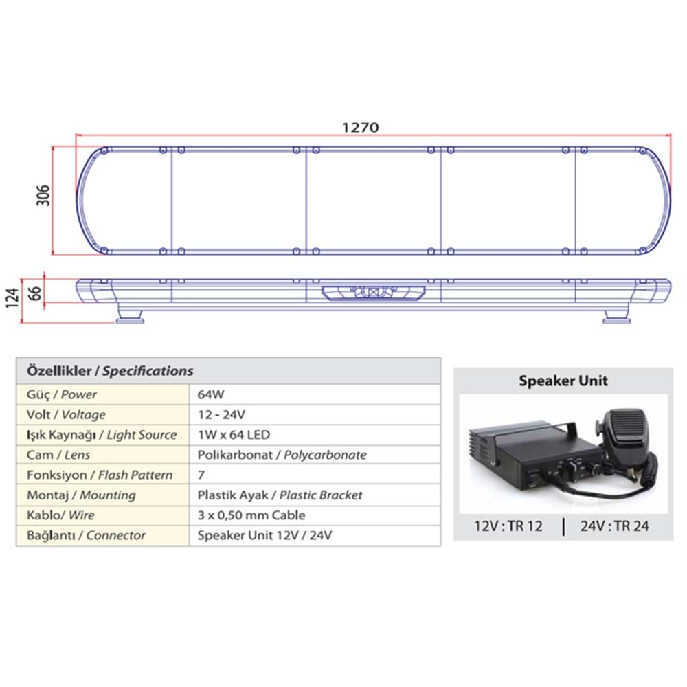 TRAFIK IKAZ LAMBASI LED KIRMIZI HOPARLORLU 127 CM