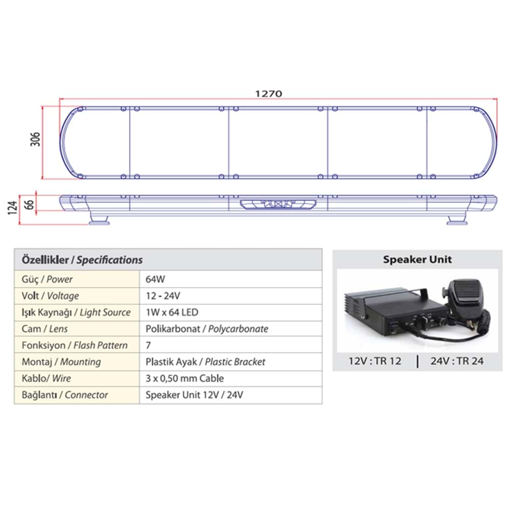 TRAFIK IKAZ LAMBASI LED SARI-KIRMIZI HOPARLORLU 127 CM