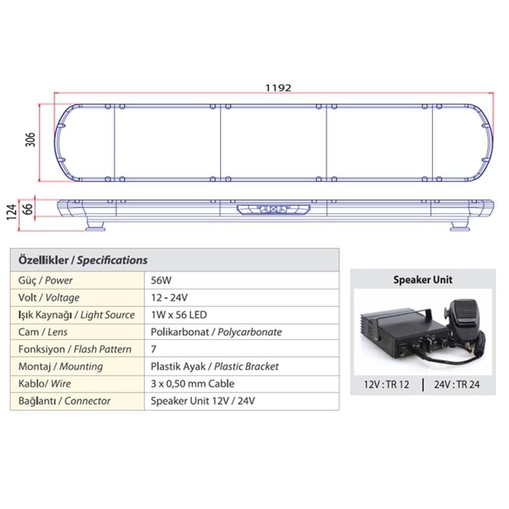 TRAFIK IKAZ LAMBASI LED KIRMIZI HOPARLORLU 119 CM