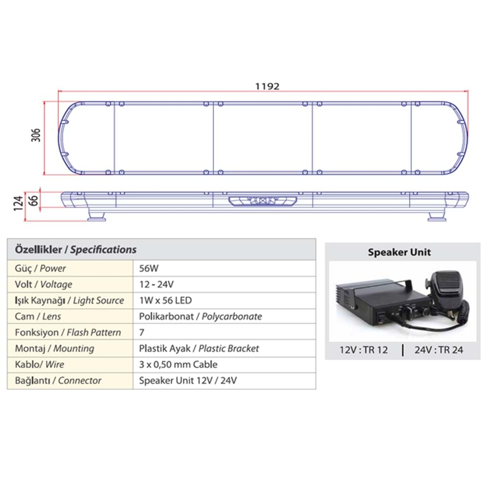 TRAFIK IKAZ LAMBASI LED SARI-MAVI HOPARLORLU 119 CM KOMPLE SEFFAF