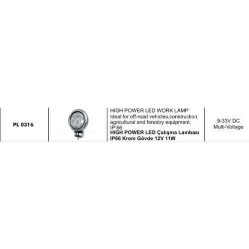 HIGH POWER LED CALISMA LAMBASI IP66 KROM GOVDE 12V 11W