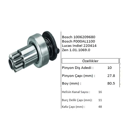 MARŞ DİŞLİSİ TERS DÖNÜŞ 10 DİŞ OCTAVIA 16 KANAL PİNYON ÇAPI: 27,8mm BOY: 80,5mm BURÇ ÇAPI: 11mm