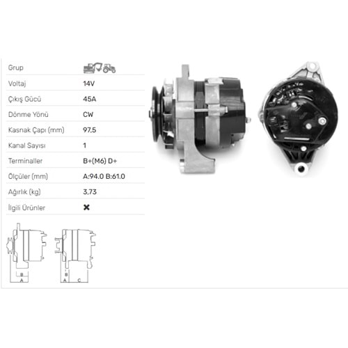 ALTERNATOR 14V 45A UNIVERSEL TRAKTÖR(ARCE)U445- U530-U640-U701