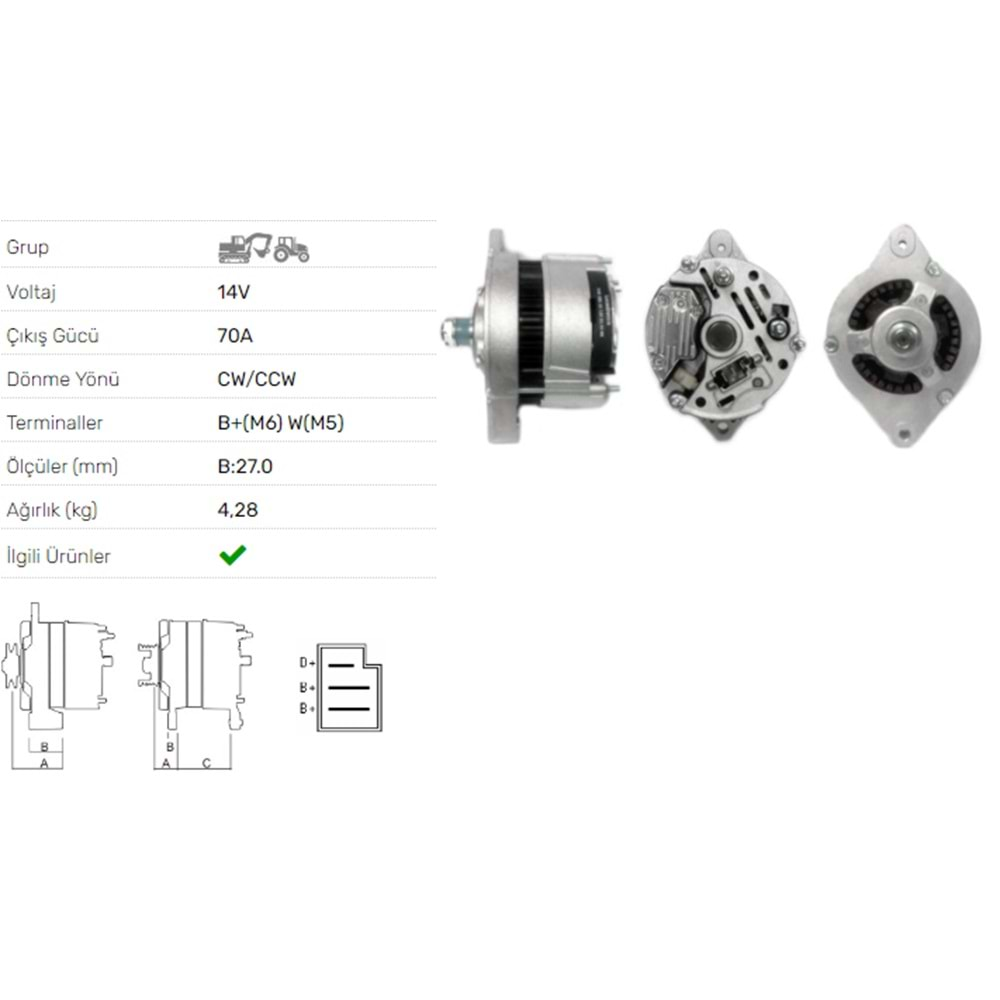 ALTERNATÖR 14V 70A MF 3050-3060-3065-3070-3080- 3090-3610-3630-3650(619 202 61in 70Ası