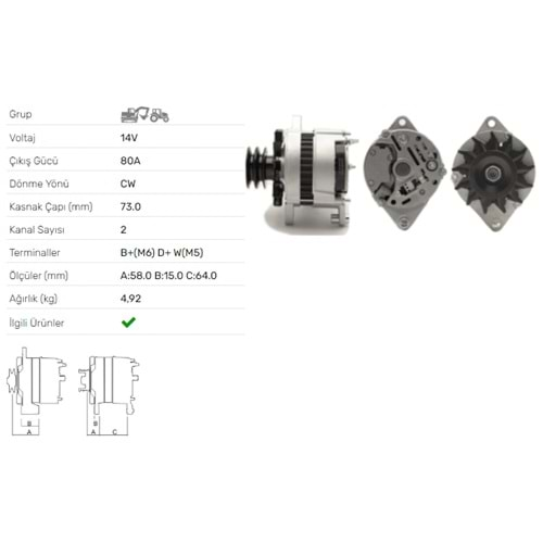 ALT DINAMO 12V 80A A127 TUMOSAN