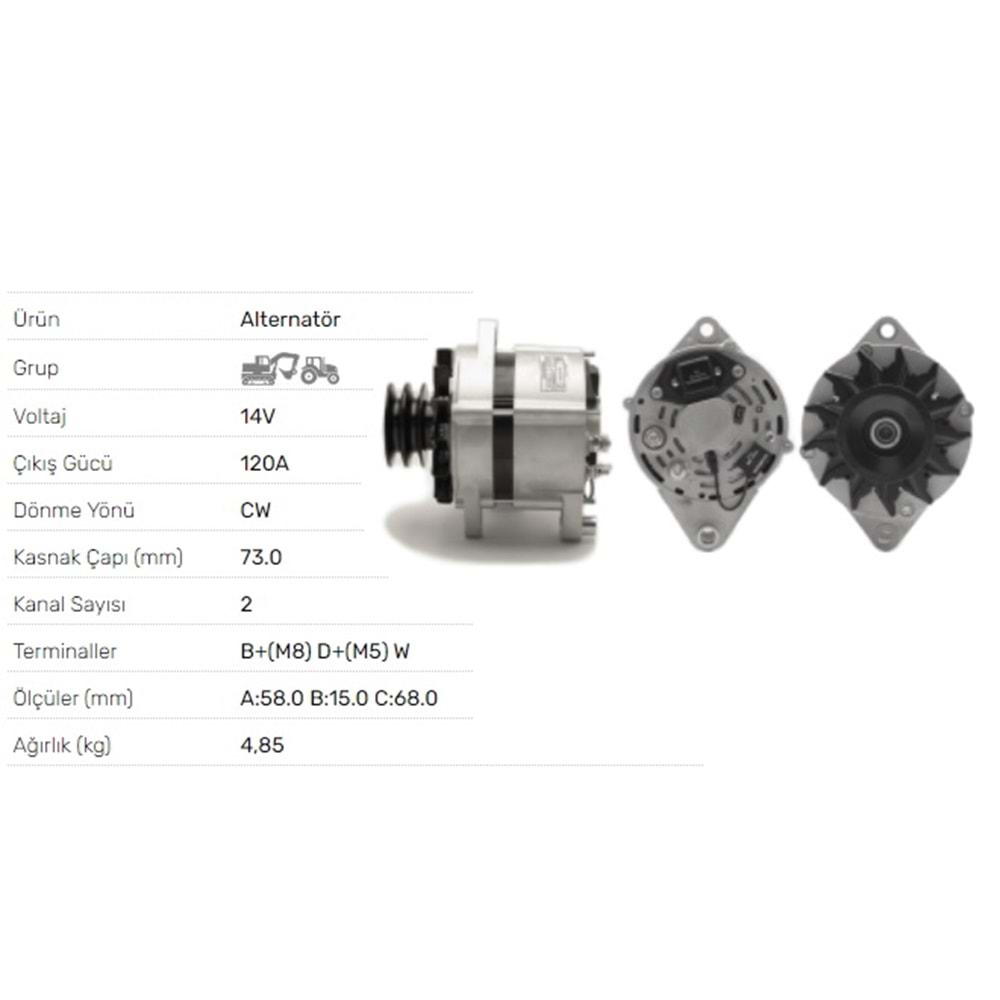 ALT DINAMO TUMOSAN 125A 14V 120A 2 KANALLI