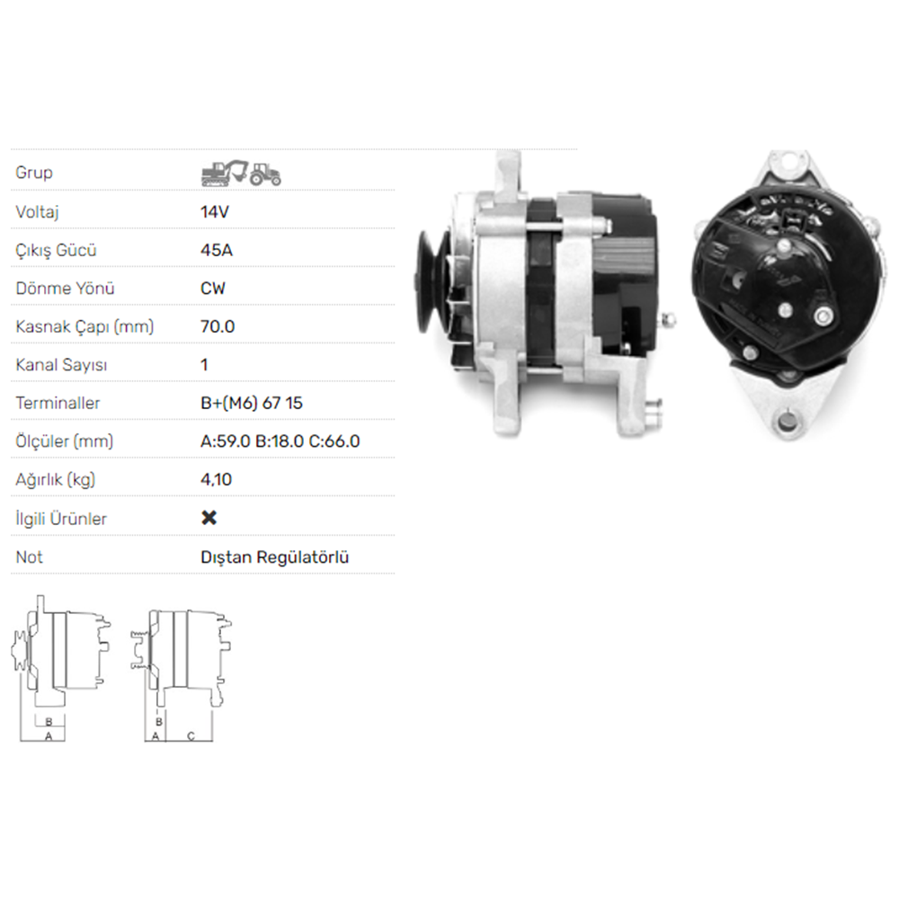 ALT DINAMO 14V 45A UZEL MASSEY FERGUSON 135 231 241 240S 265S