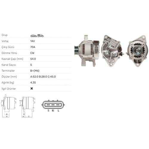 ALT DINAMO 14V 70A TOYOTA CARINA E 1,5I ESTATE KOMBI 1,6I ALT-5041