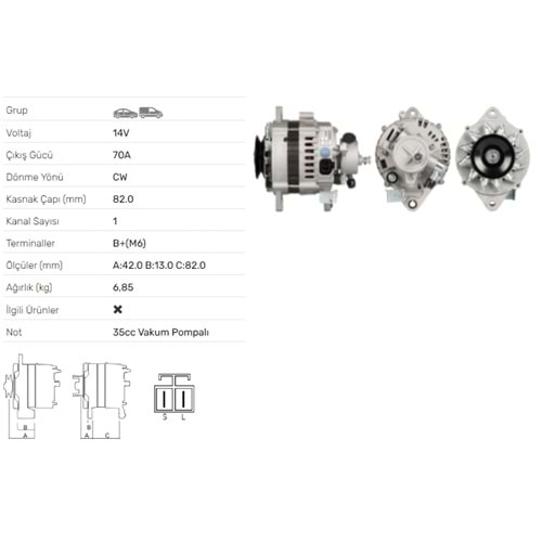 ALT DINAMO 14V 70A V.P. NISSAN ALMERA 2.0D PRIMERA 2.0D TRAVELLER 2.0D ALT-V003