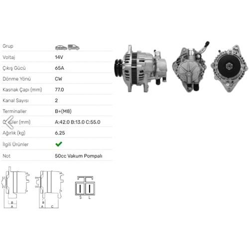 ALT DINAMO 14V 65A V.P MITSUBISHI L300 2,5 DIESEL ALT-V018