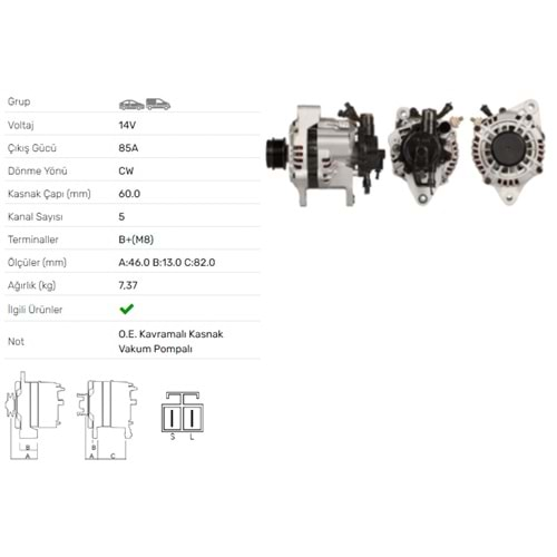 ALT DINAMO 14V 85A V.P. KIA CARNIVAL 2.9 DIESEL