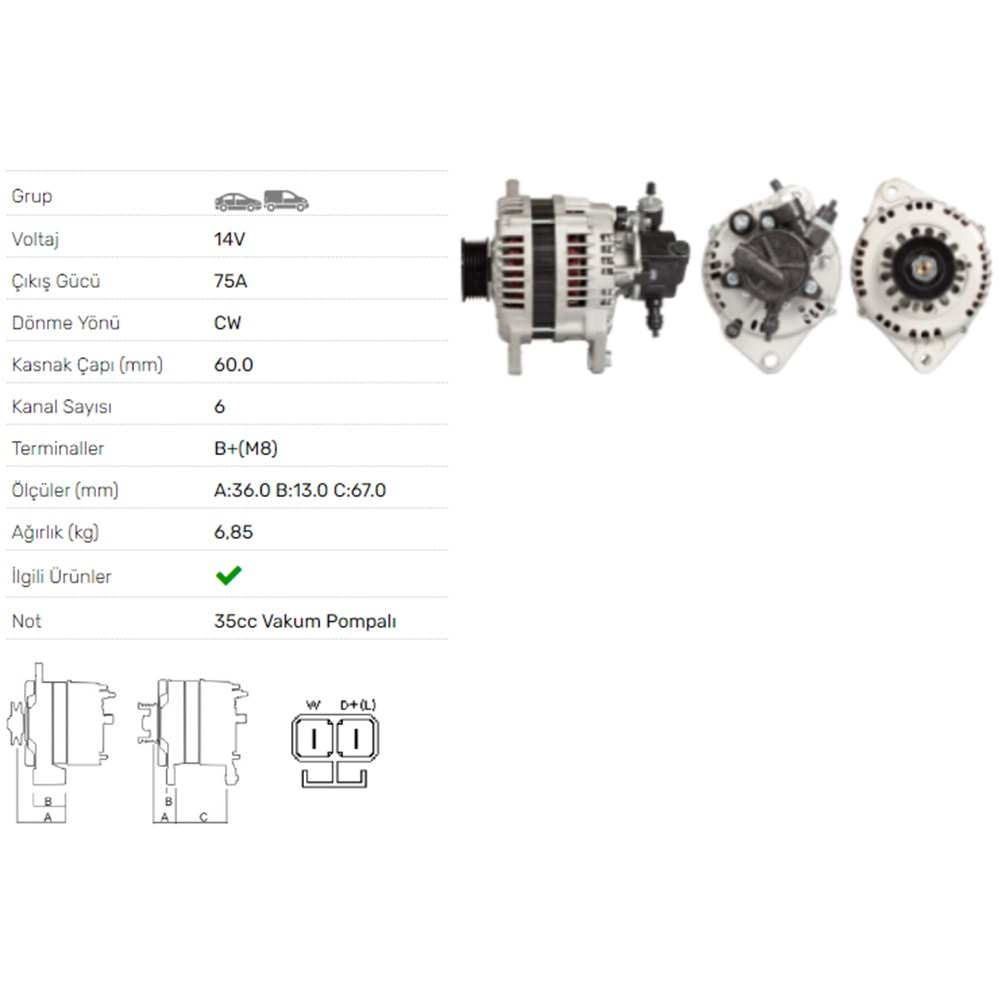 ALT DINAMO 14V 75A V.P. OPEL ASTRA G 1.7DTI CORSA C 1.7 DI DTI ALT-V022