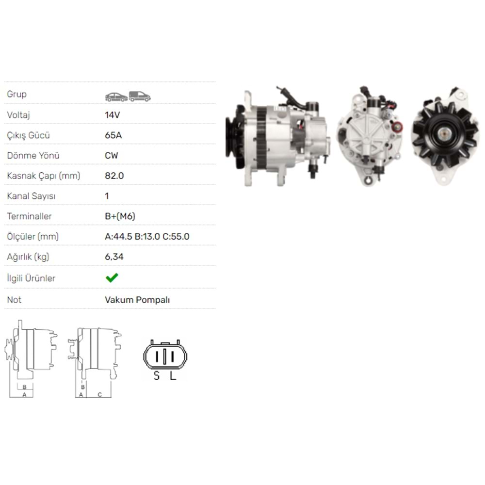 ALT DINAMO 14V 65A V.P. HYUNDAI H100 2,5D BUS 2,5TD