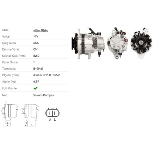 ALT DINAMO 14V 65A V.P. HYUNDAI H100 2,5D BUS 2,5TD