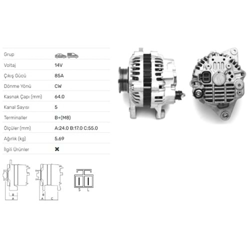 ALT DINAMO 14V 85A MITSUBISHI PAJERO II 3.0 V6 24V 3.5 V6 24V ALT-3508