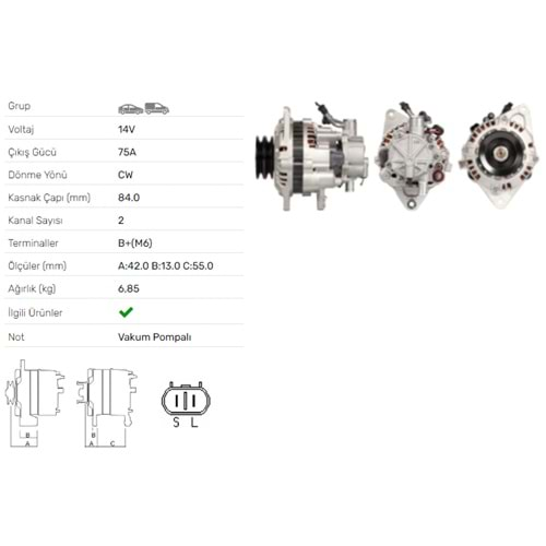 ALT DINAMO 14V 75A V.P. HYUNDAI H100 2,5 DIESEL