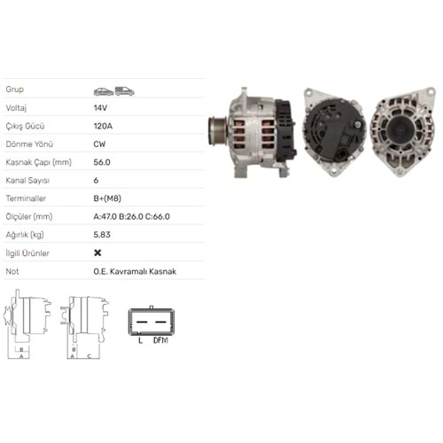 ALT DINAMO 14V 120A RENAULT ESPACE III 1,9DTI LAGUNA 1,9DTI GRANDTOUR