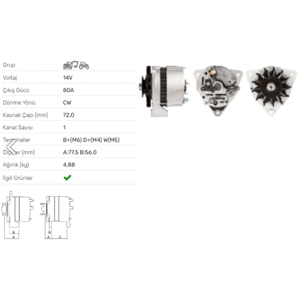 ALT DINAMO 14V 80A DEUTZ FAHR KHD DX 6.31A 6.50A 7.10A