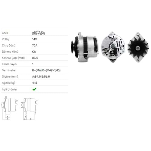 ALT DINAMO 14V 70A RENAULT ENDUSTRIYEL ARES 540 550