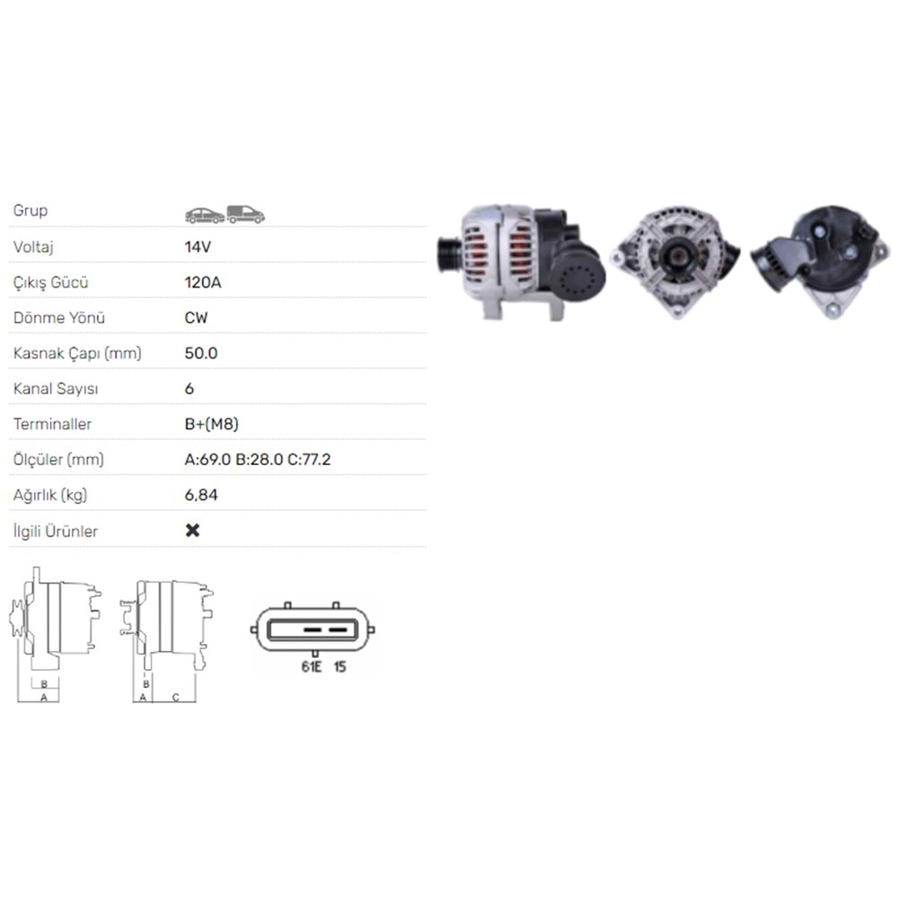 ALT DINAMO 14V 120A BMW 3 5 X Z SERISI 2,5 3.0 00-06