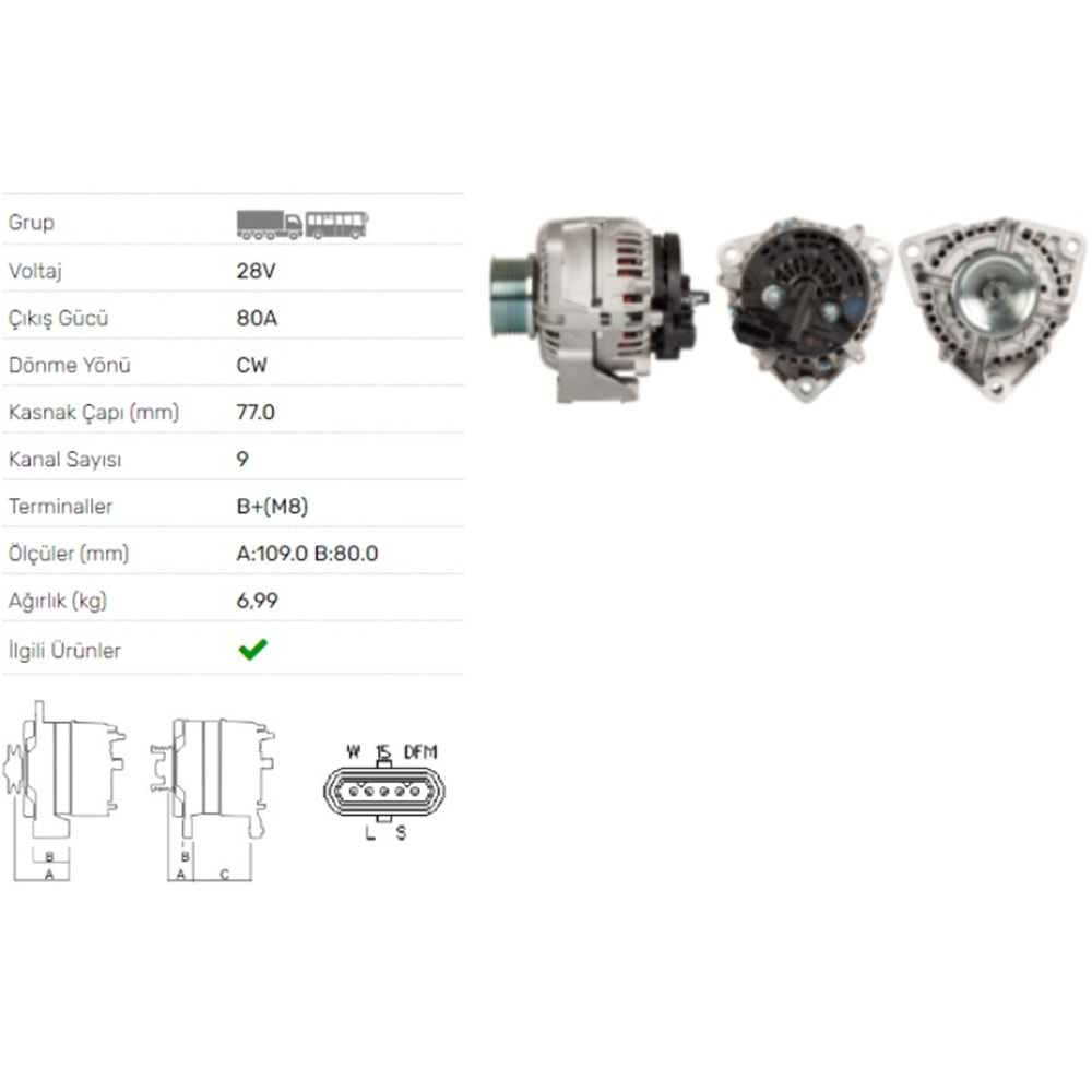 ALT DINAMO 28V 80A MERCEDES AXOR