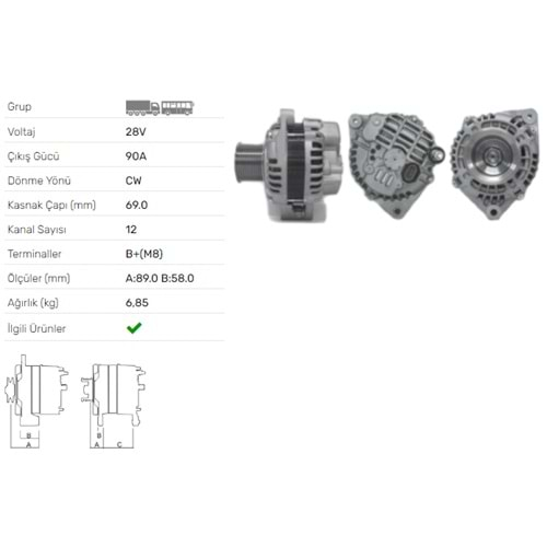 ALTERNATOR 28V 90A IVECO STRALİS 190S40,190S43, 190S48,190S50...