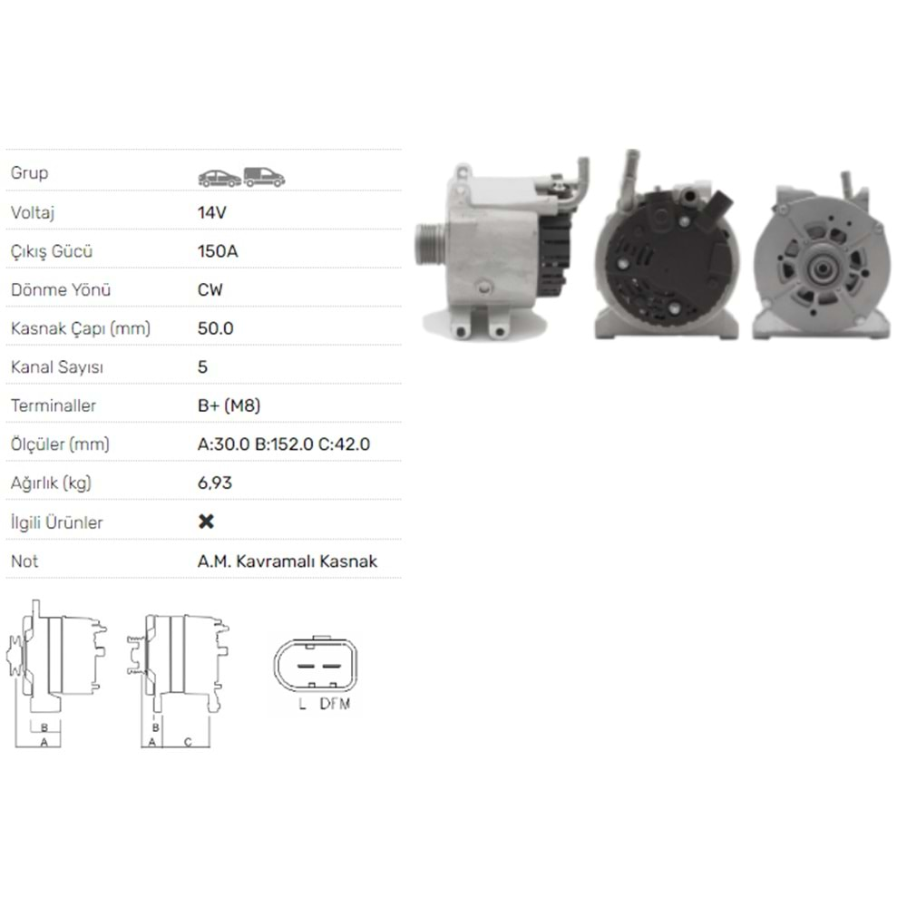 ALTERNATOR 14V 150A MERCEDES BENZ A160 1.7CDI, A170 1.7CDI,VANEO 1.7CDI