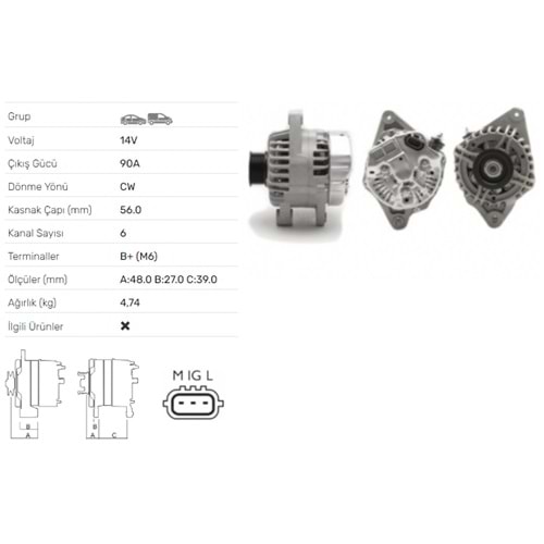 ALTERNATOR 14V 90A TOYOTA YARIS I 1.0,1.3