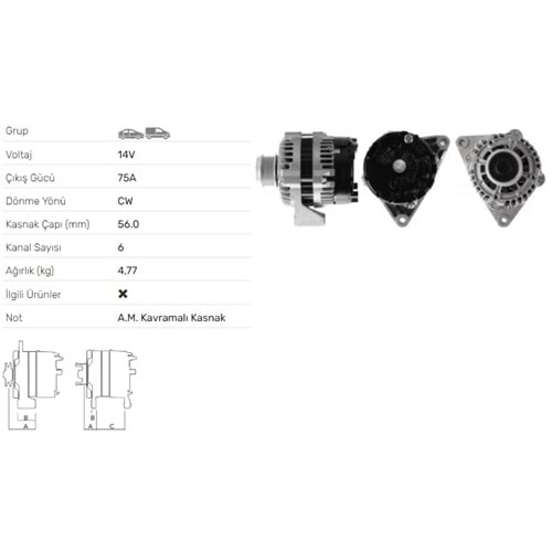 ALTERNATOR 14V 75A SSAYGYONG KORONDO II 2.9 TD