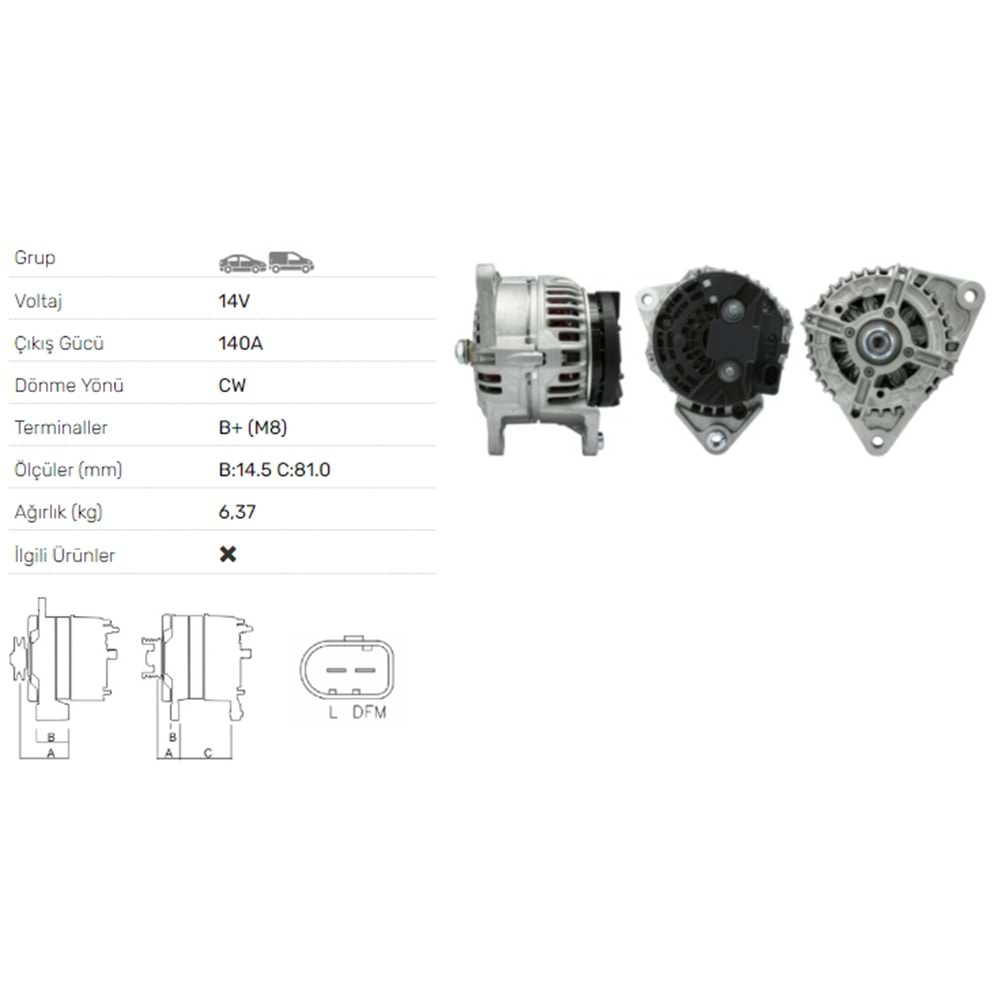 ALTERNATOR 14V 140A CITROEN-FIAT-IVECO-PEUGEOT