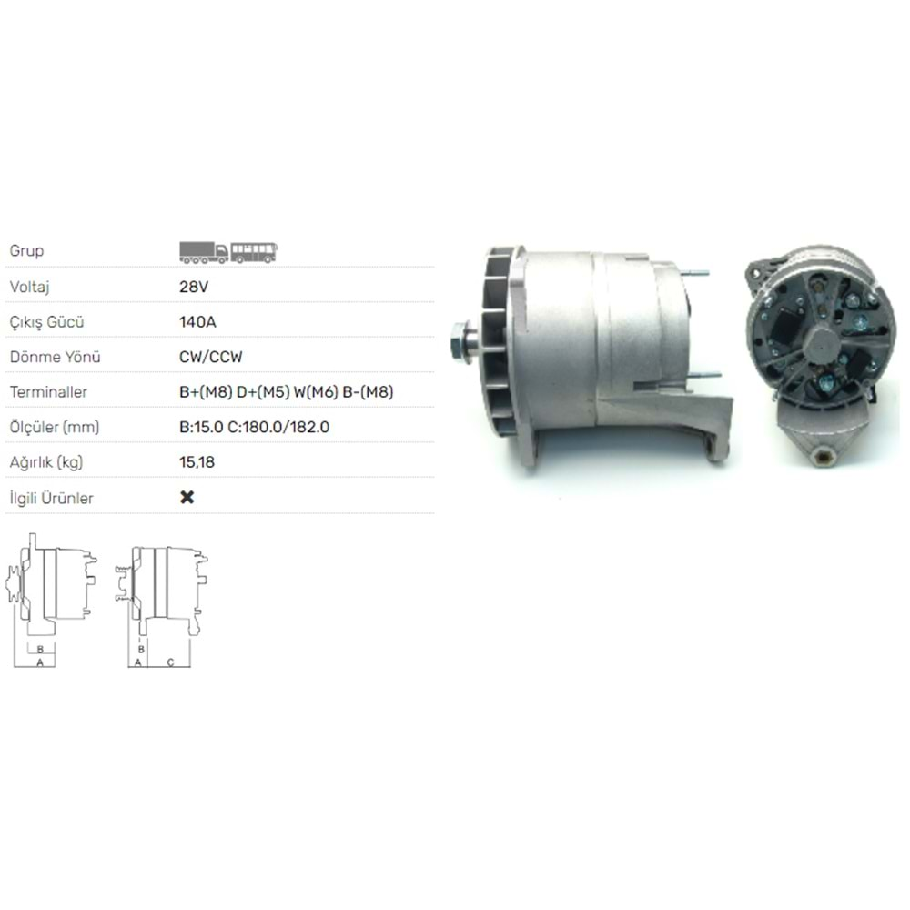 ALTERNATOR 28V 140A MAN 10 t 10.150 HOCL,10 t 10.180 HOCL,11 t 11.150 HOCL