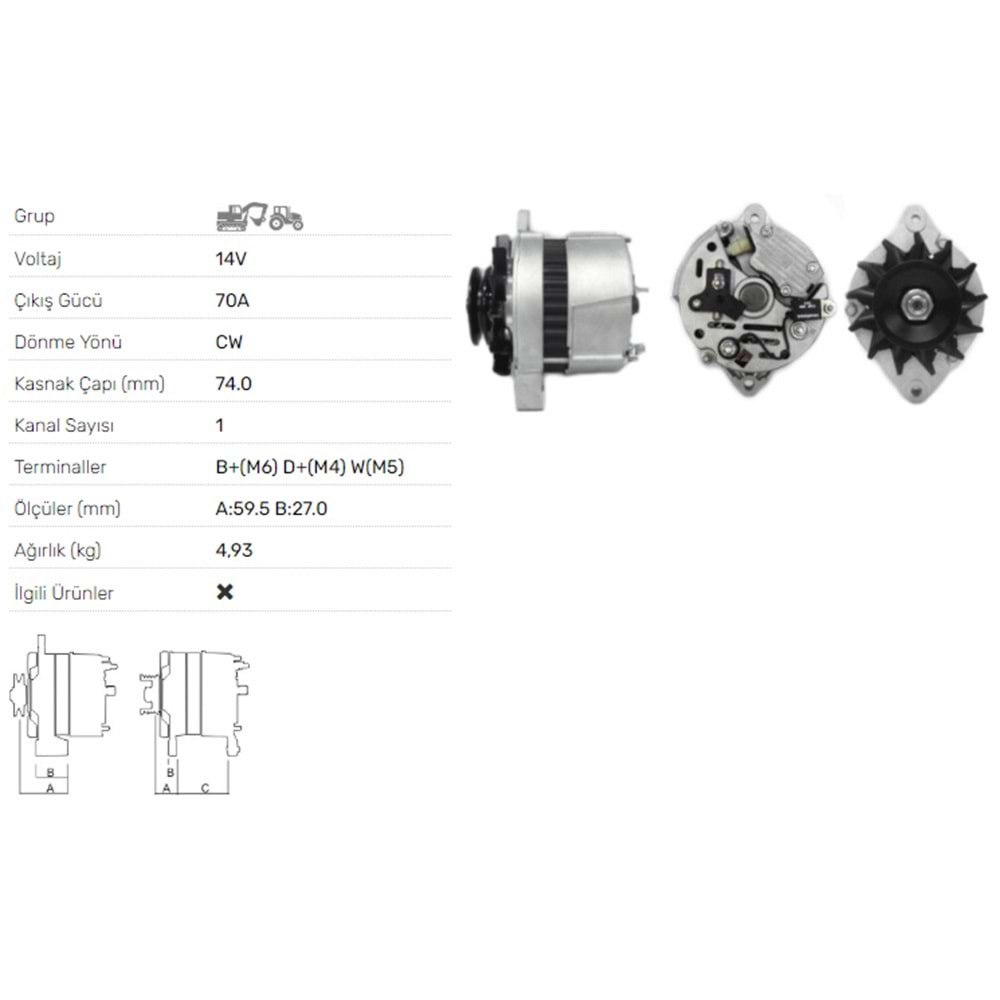 ALTERNATOR 14V 70A RENAULT AGRICULTERE103-12, 103-14RS TS TX