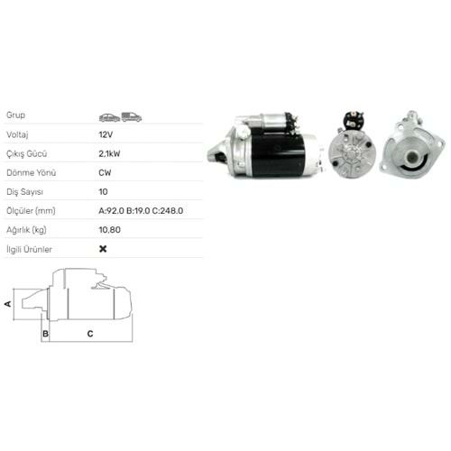 MARS MOTORU 12V 2.1KW 10 DIS LAND ROVER LAND ROVER 109 110 2.25 DIESEL